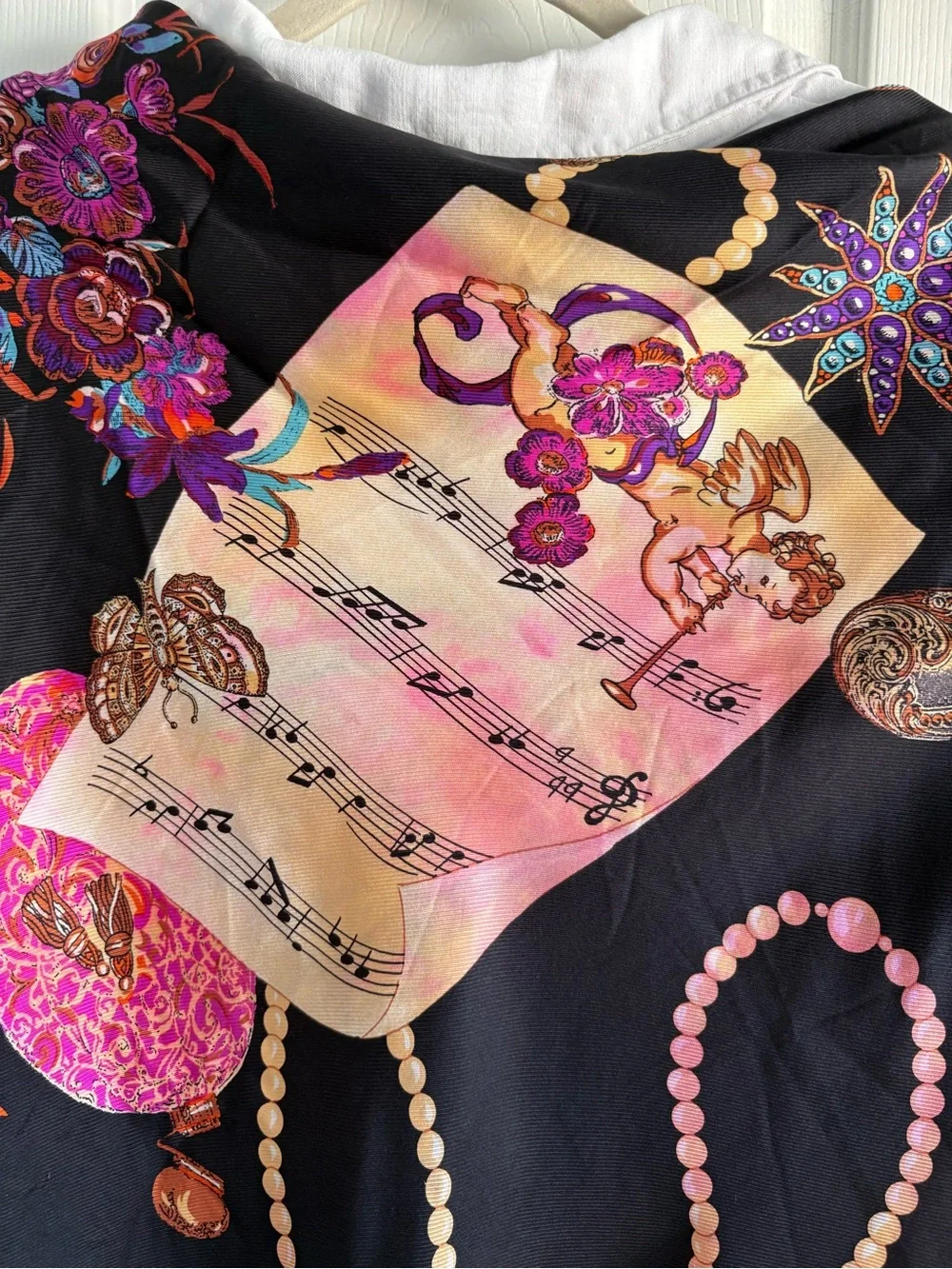 VNTG Musical Print Black Silk Scarf Sheet Music Cherub Angel Pink Border Teacher